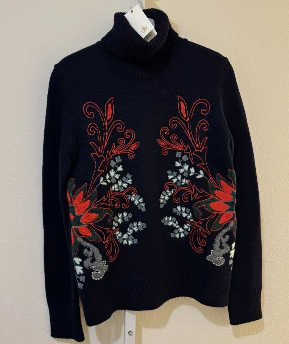 Tory Burch Womens Embroidered Turtleneck Wool Sweater Pullover Navy Blue Sz XXS
